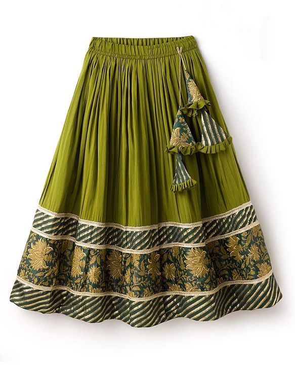 Pine Kids Woven Half Sleeves Lehenga Choli & Dupatta Set With Floral Print & Lace Detailing - Olive Green