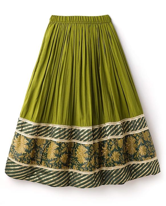 Pine Kids Woven Half Sleeves Lehenga Choli & Dupatta Set With Floral Print & Lace Detailing - Olive Green