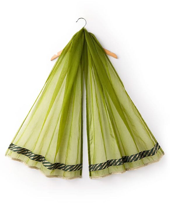 Pine Kids Woven Half Sleeves Lehenga Choli & Dupatta Set With Floral Print & Lace Detailing - Olive Green