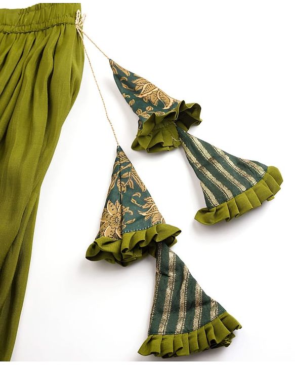 Pine Kids Woven Half Sleeves Lehenga Choli & Dupatta Set With Floral Print & Lace Detailing - Olive Green