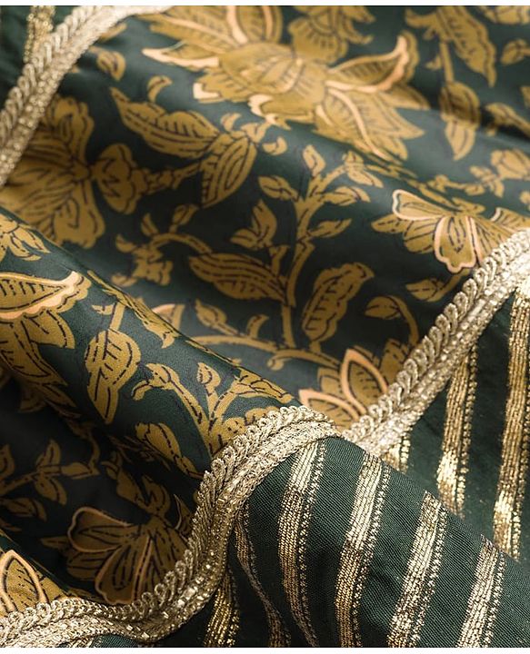 Pine Kids Woven Half Sleeves Lehenga Choli & Dupatta Set With Floral Print & Lace Detailing - Olive Green