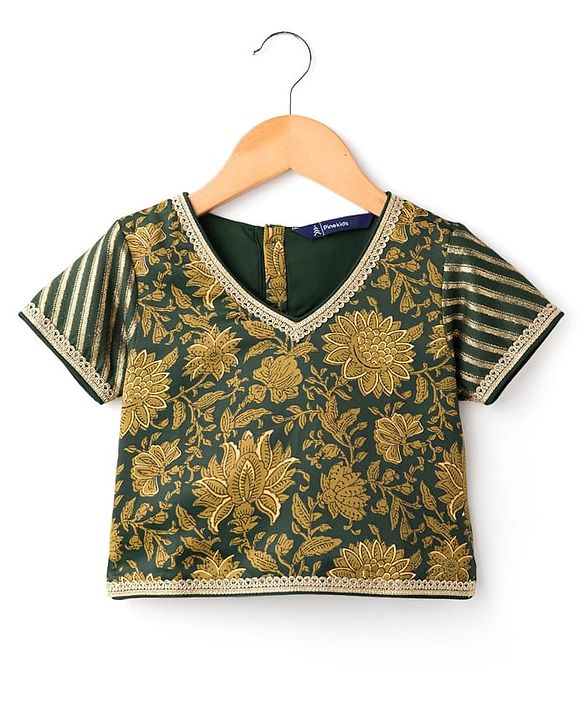 Pine Kids Woven Half Sleeves Lehenga Choli & Dupatta Set With Floral Print & Lace Detailing - Olive Green