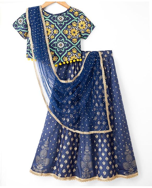Pine Kids Woven Half Sleeves Floral Printed Choli & Lehenga Set With Dupatta - Blue