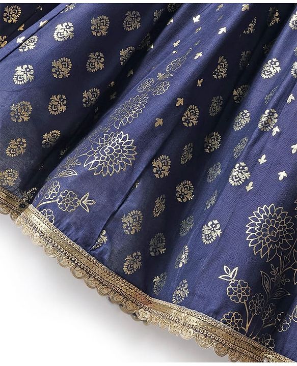 Pine Kids Woven Half Sleeves Floral Printed Choli & Lehenga Set With Dupatta - Blue