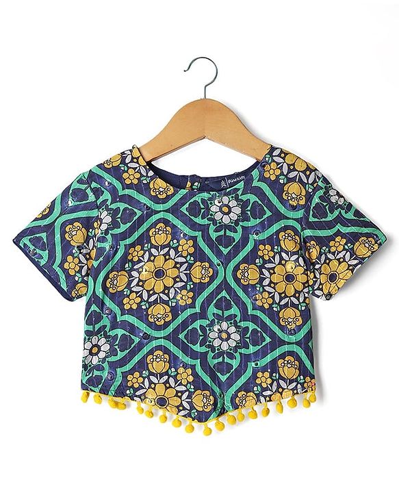Pine Kids Woven Half Sleeves Floral Printed Choli & Lehenga Set With Dupatta - Blue