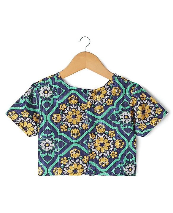 Pine Kids Woven Half Sleeves Floral Printed Choli & Lehenga Set With Dupatta - Blue