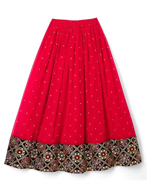 Pine Kids Woven Half Sleeves Lehenga Choli & Dupatta Set With Floral Embroidery - Red