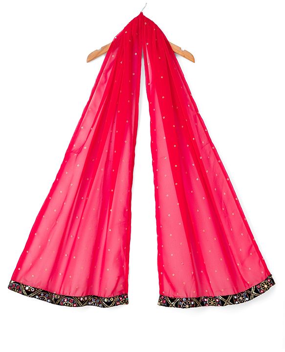 Pine Kids Woven Half Sleeves Lehenga Choli & Dupatta Set With Floral Embroidery - Red