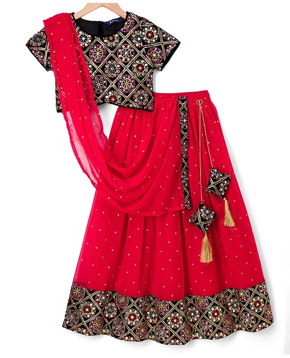 Pine Kids Woven Half Sleeves Lehenga Choli & Dupatta Set With Floral Embroidery - Red