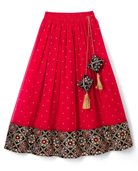 Pine Kids Woven Half Sleeves Lehenga Choli & Dupatta Set With Floral Embroidery - Red