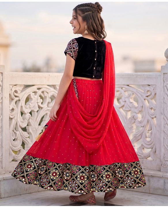 Pine Kids Woven Half Sleeves Lehenga Choli & Dupatta Set With Floral Embroidery - Red