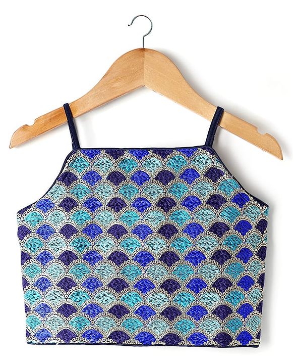 Pine Kids Woven Sleeveless Sequinned & Floral Foil Printed Lehenga Choli Set With Dupatta - Navy Blue