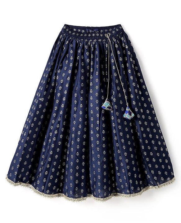 Pine Kids Woven Sleeveless Sequinned & Floral Foil Printed Lehenga Choli Set With Dupatta - Navy Blue
