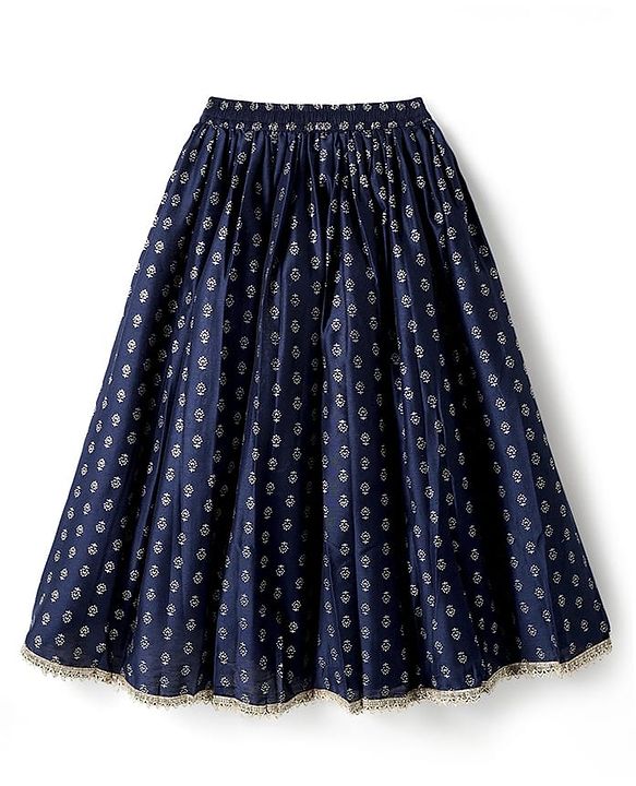 Pine Kids Woven Sleeveless Sequinned & Floral Foil Printed Lehenga Choli Set With Dupatta - Navy Blue