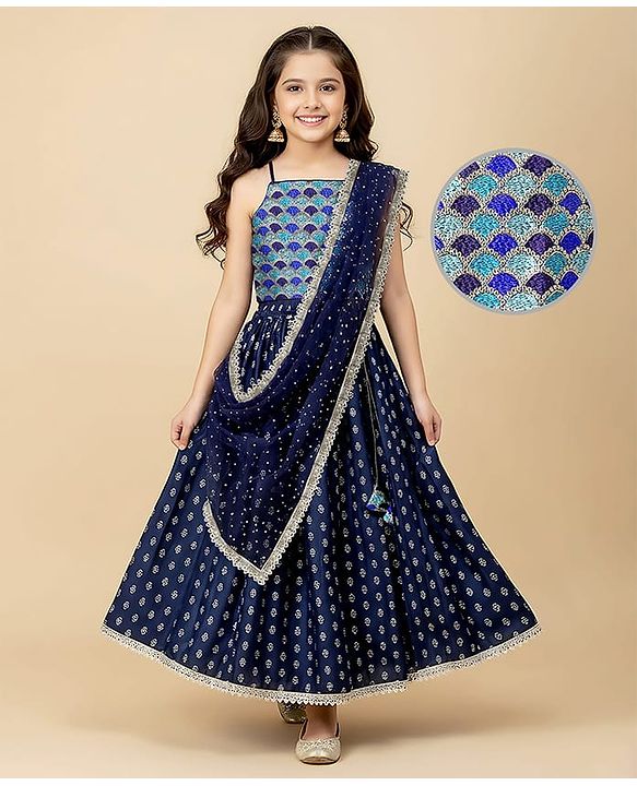 Pine Kids Woven Sleeveless Sequinned & Floral Foil Printed Lehenga Choli Set With Dupatta - Navy Blue