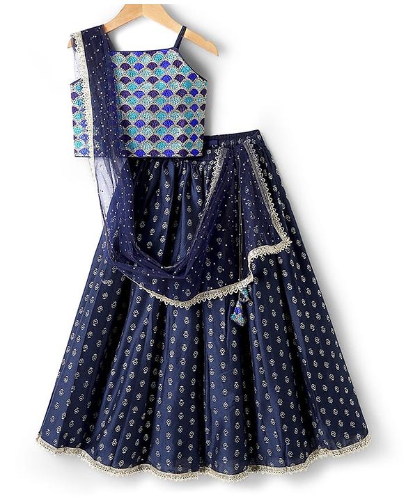 Pine Kids Woven Sleeveless Sequinned & Floral Foil Printed Lehenga Choli Set With Dupatta - Navy Blue