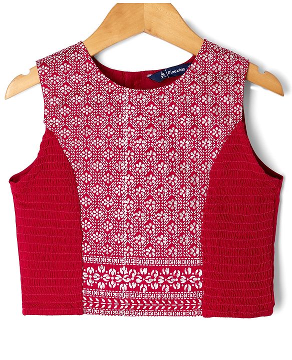 Pine Kids Woven Flared Lehenga Choli and Dupatta Set with Sleeveless and Floral Embroidery - Pink