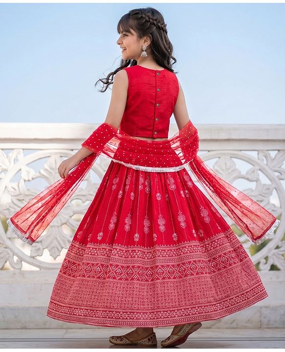 Pine Kids Woven Flared Lehenga Choli and Dupatta Set with Sleeveless and Floral Embroidery - Pink