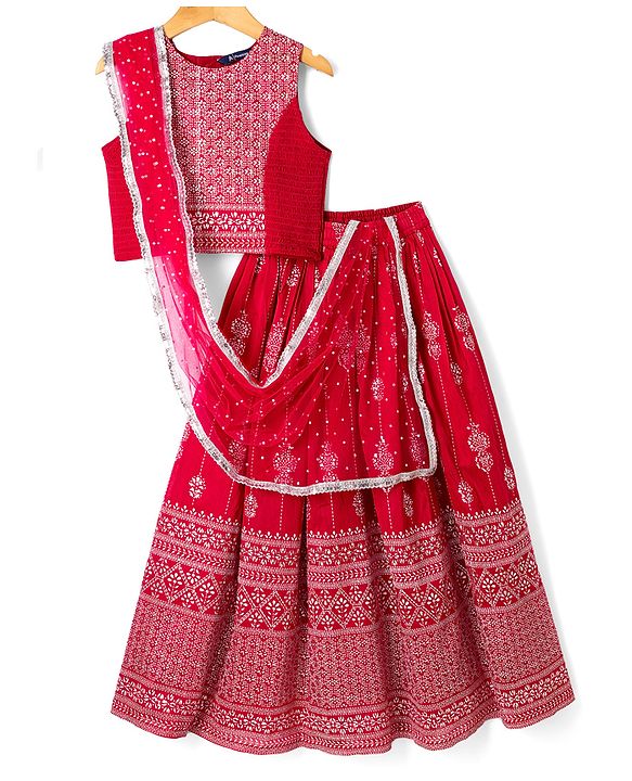 Pine Kids Woven Flared Lehenga Choli and Dupatta Set with Sleeveless and Floral Embroidery - Pink