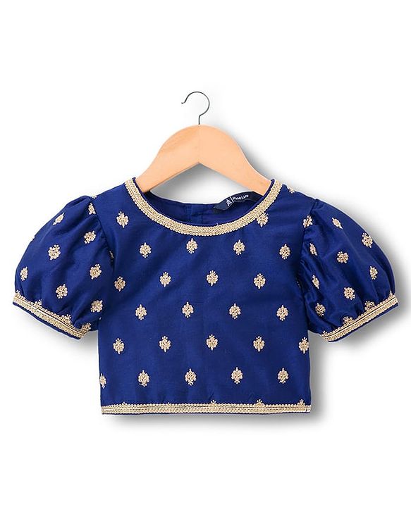 Pine Kids Woven Half Puffed Sleeves Floral Embroidered Choli Lahenga Set with Dupatta - Navy Blue