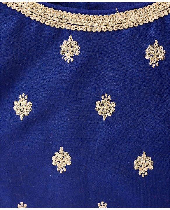 Pine Kids Woven Half Puffed Sleeves Floral Embroidered Choli Lahenga Set with Dupatta - Navy Blue