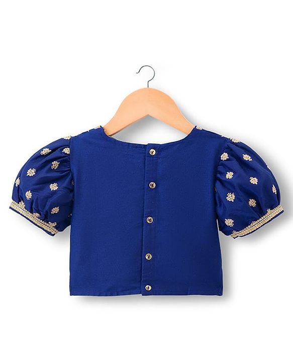 Pine Kids Woven Half Puffed Sleeves Floral Embroidered Choli Lahenga Set with Dupatta - Navy Blue