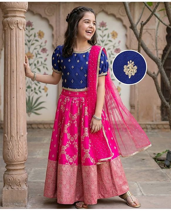 Pine Kids Woven Half Puffed Sleeves Floral Embroidered Choli Lahenga Set with Dupatta - Navy Blue