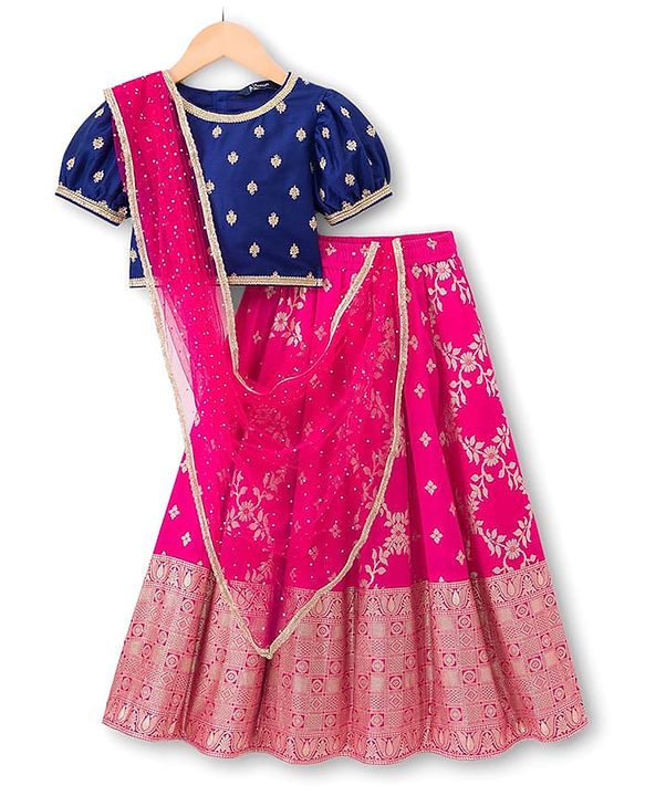 Pine Kids Woven Half Puffed Sleeves Floral Embroidered Choli Lahenga Set with Dupatta - Navy Blue