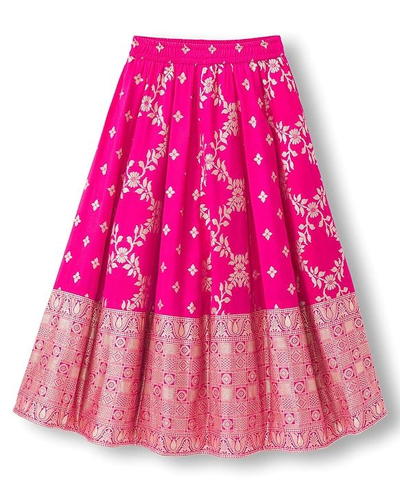 Pine Kids Woven Half Puffed Sleeves Floral Embroidered Choli Lahenga Set with Dupatta - Navy Blue