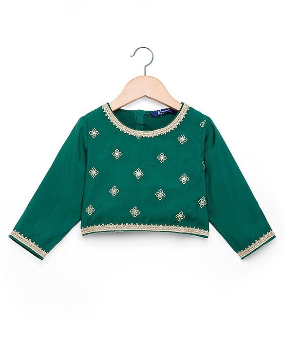 Pine Kids Woven Full Sleeves Floral Embroidered Choli Lahenga Set with Dupatta - Dark Green