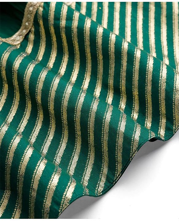 Pine Kids Woven Full Sleeves Floral Embroidered Choli Lahenga Set with Dupatta - Dark Green