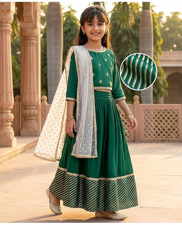 Pine Kids Woven Full Sleeves Floral Embroidered Choli Lahenga Set with Dupatta - Dark Green