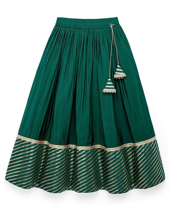 Pine Kids Woven Full Sleeves Floral Embroidered Choli Lahenga Set with Dupatta - Dark Green