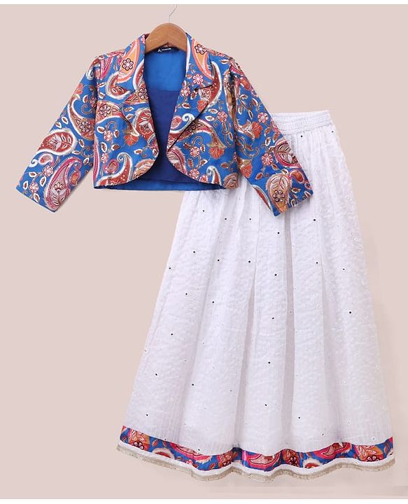 Pine Kids Woven Full Sleeves Printed Jacket & Choli Lehenga Set - Teal Blue
