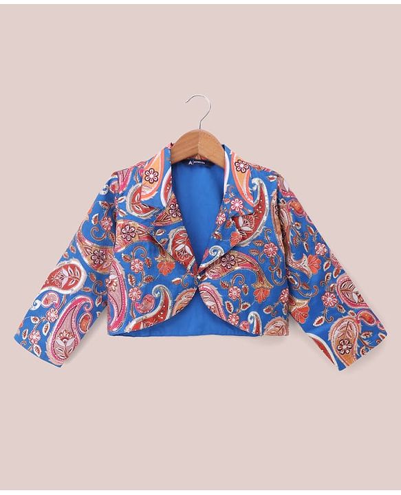 Pine Kids Woven Full Sleeves Printed Jacket & Choli Lehenga Set - Teal Blue