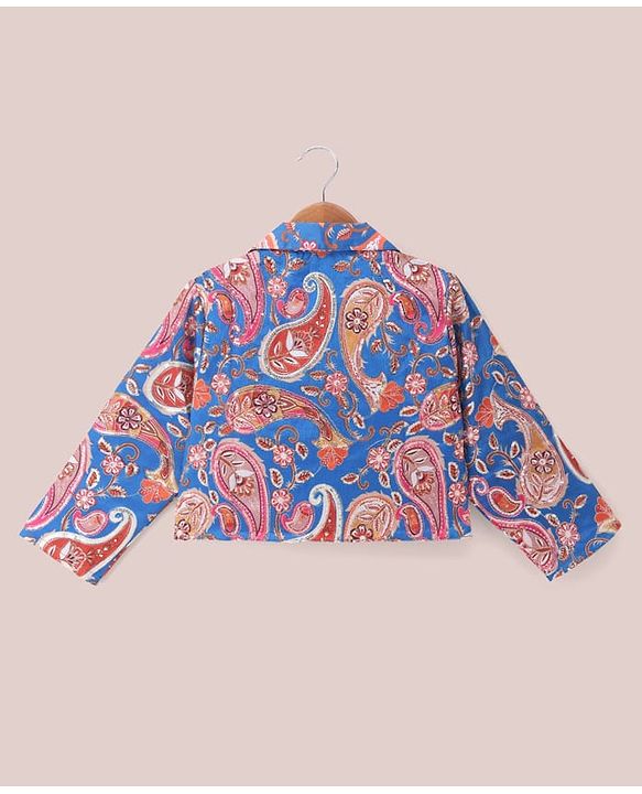 Pine Kids Woven Full Sleeves Printed Jacket & Choli Lehenga Set - Teal Blue