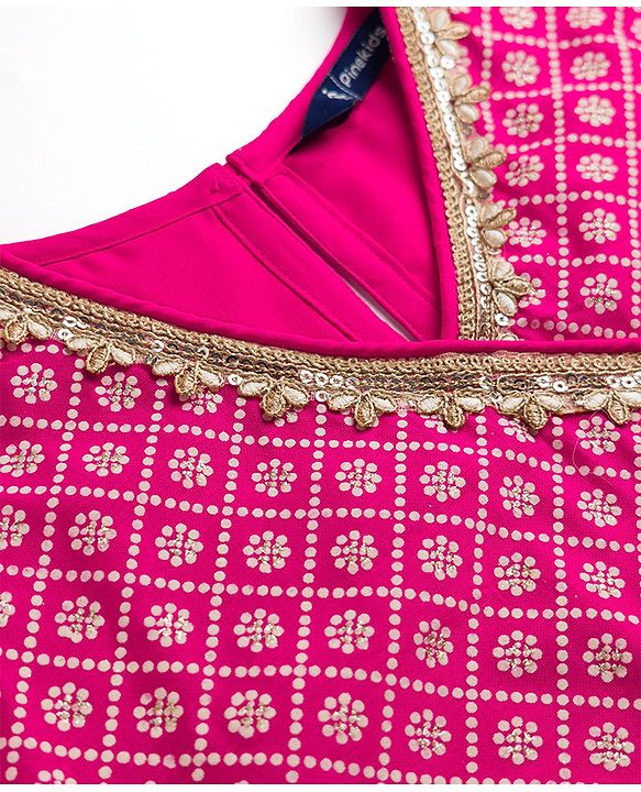 Pine Kids Woven Half Sleeves Choli and Lehenga with Dupatta and Geometric Grid Embroidery in Pink for 4-5 Years