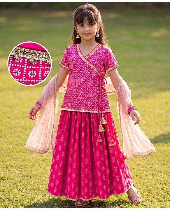 Pine Kids Woven Half Sleeves Choli and Lehenga with Dupatta and Geometric Grid Embroidery in Pink for 4-5 Years