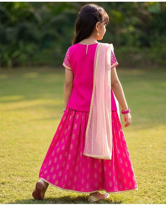 Pine Kids Woven Half Sleeves Choli and Lehenga with Dupatta and Geometric Grid Embroidery in Pink for 4-5 Years