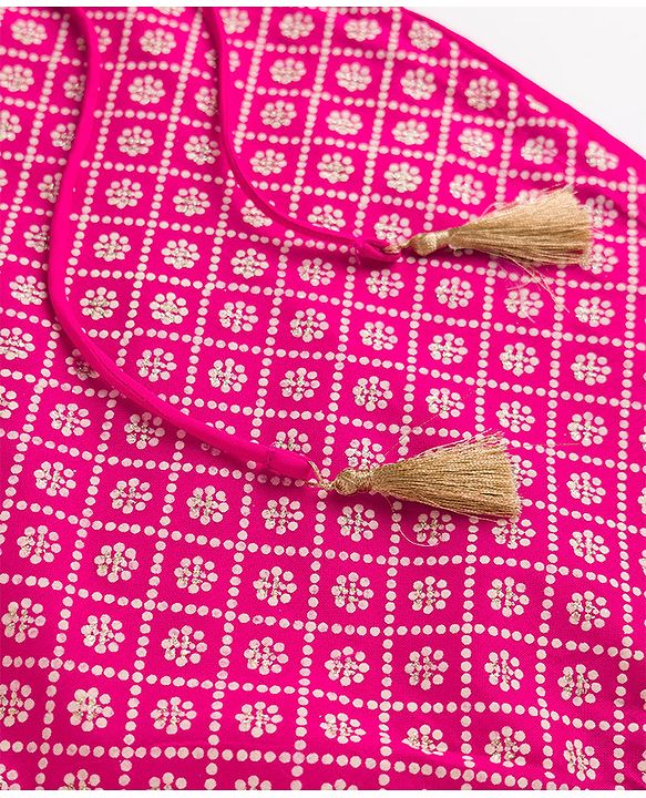 Pine Kids Woven Half Sleeves Choli and Lehenga with Dupatta and Geometric Grid Embroidery in Pink for 4-5 Years