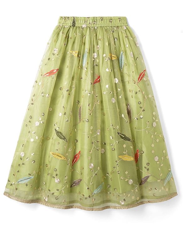 Pine Kids Woven Sleeveless Floral Sequinned Choli & Lehegnga Set With Dupatta - Lime Green