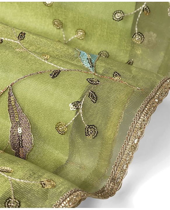 Pine Kids Woven Sleeveless Floral Sequinned Choli & Lehegnga Set With Dupatta - Lime Green