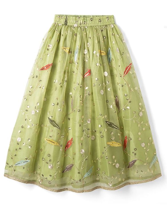 Pine Kids Woven Sleeveless Floral Sequinned Choli & Lehegnga Set With Dupatta - Lime Green