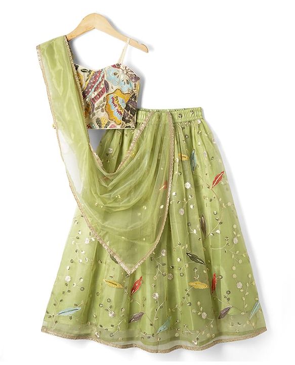 Pine Kids Woven Sleeveless Floral Sequinned Choli & Lehegnga Set With Dupatta - Lime Green