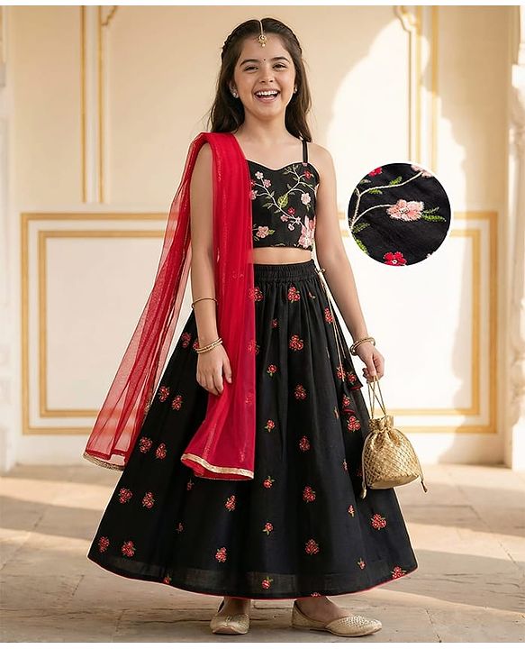 Pine Kids Woven Sleeveless Lehenga Choli & Dupatta Set With Floral Embroidery - Black