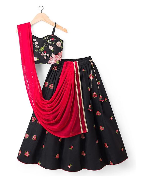 Pine Kids Woven Sleeveless Lehenga Choli & Dupatta Set With Floral Embroidery - Black