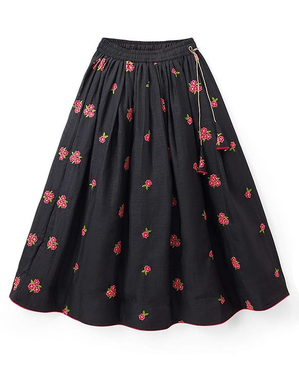 Pine Kids Woven Sleeveless Lehenga Choli & Dupatta Set With Floral Embroidery - Black