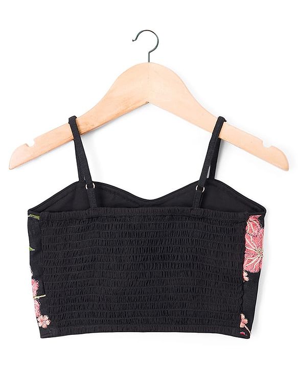 Pine Kids Woven Sleeveless Lehenga Choli & Dupatta Set With Floral Embroidery - Black
