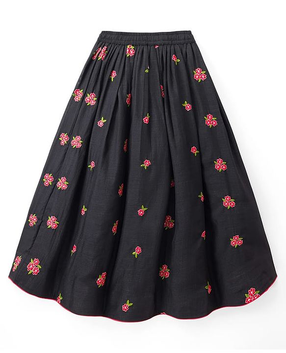 Pine Kids Woven Sleeveless Lehenga Choli & Dupatta Set With Floral Embroidery - Black