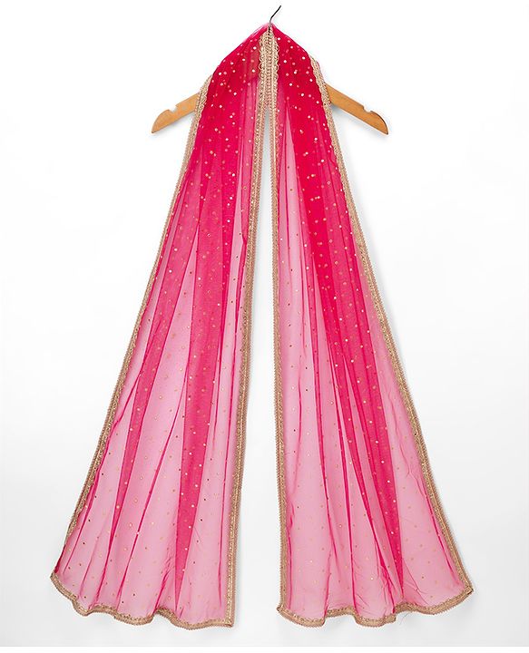 Pine Kids Woven Sleeveless Lehenga Choli Dupatta Set With Sequin Detailing & Floral Foil Print - Dark Pink